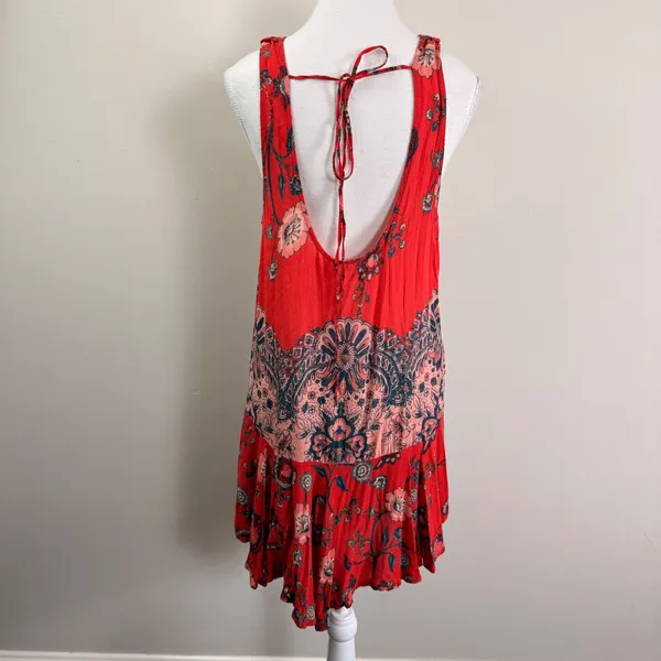 Free People Dobby Dot Flouncy Slip Dress Open Back Red Floral Paisley Mini Small - Image 5