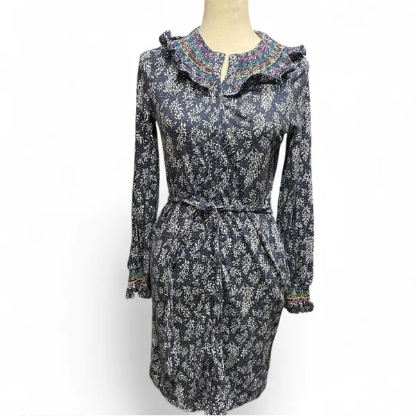 Boden Womens Navy Smocked Detail Jersey Tie Waist Cottagecore Dress Size 8R‎ - Image 2