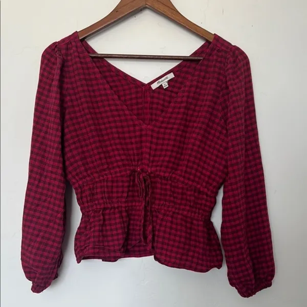 Madewell Red Gingham Plaid Peplum Blouse XS Smocked Tie Front Balloon Sleeve Top - Image 2