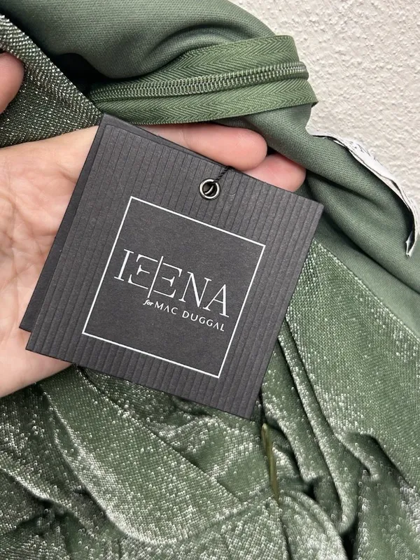IEENA for Mac Duggal Faux Wrap Gown Maxi Dress Sz 12 Jade Green Metallic stretch - Image 5