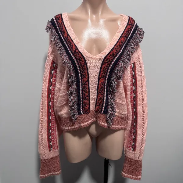 Free People Passion Fruit Peach Fringe Sweater Alpaca Wool Large Boho - Image 2