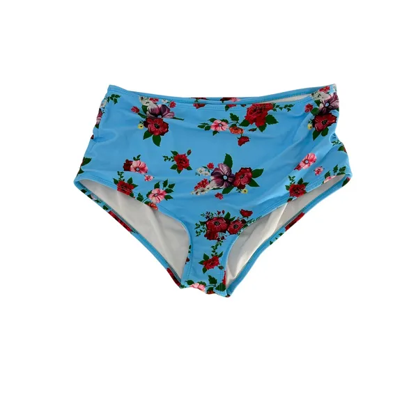 Two Piece Bikini Set‎ Womens Large Blue Pink Floral Ruffle High Waist Beach - Image 2