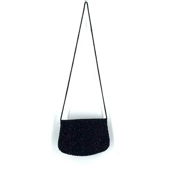 Vintage‎ Beaded Snap Flap Corded Strap Clutch Shoulder Bag Black Small Flapper - Image 14
