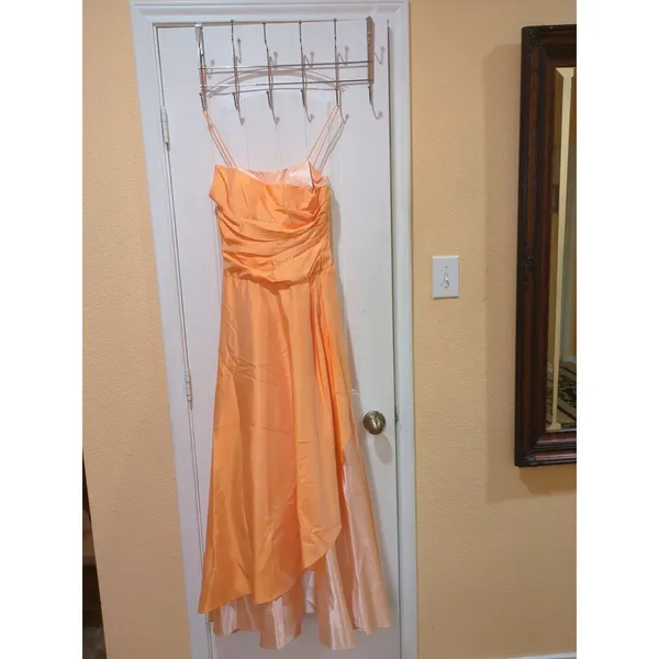 Betsy & Adam orange satin taffeta long bridesmaids evening dress 4 - Image 5