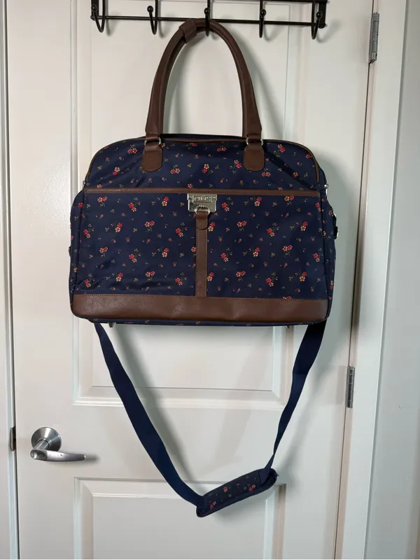 Navy Floral Travel Weekender Bag with Brown Trim - Image 2