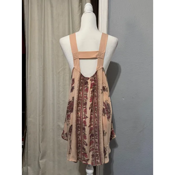 Free People‎ Mini Slip Dress XS Tunic Peach Floral Border Print Open Back Boho - Image 13