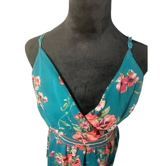 Xhilaration Women XL Teal Green‎ Floral Surplice Smocked Mini Sleeveless Dress - Image 5