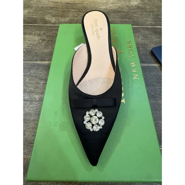 Kate Spade Darlene Black Satin Kitten Heel Mule Pointed‎ Toe Size 6.5 - Image 2