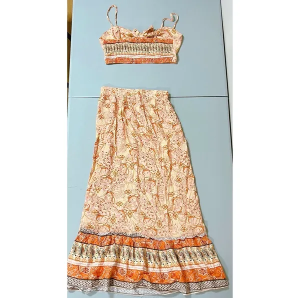 Orange Floral Paisley Crop Top (M) and Maxi Skirt (S) Coords Matching Set 🌻✨ - Image 2