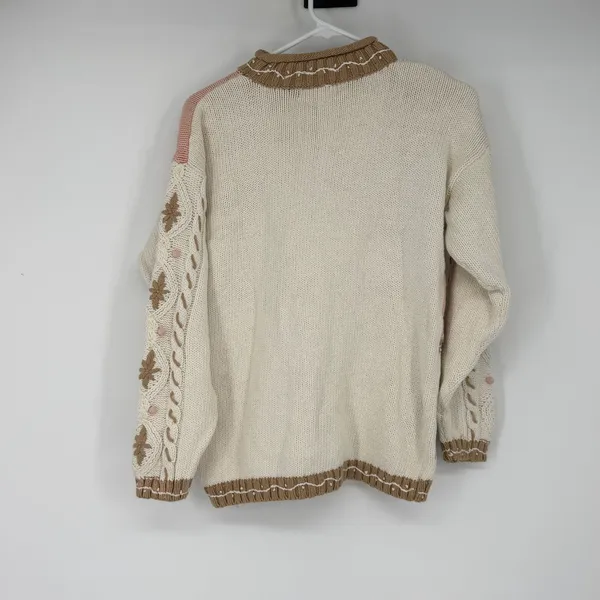 Vintage Floral Embroidered Cable Knit Sweater Cream‎ Pink Small Cottage - Image 2