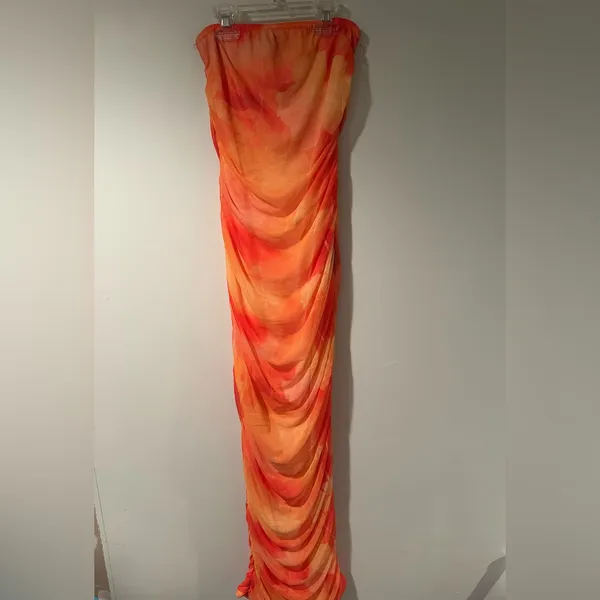 PrettyLittleThing Orange Floral Mesh Bandeau Ruched maxi dress size 2 - Image 3