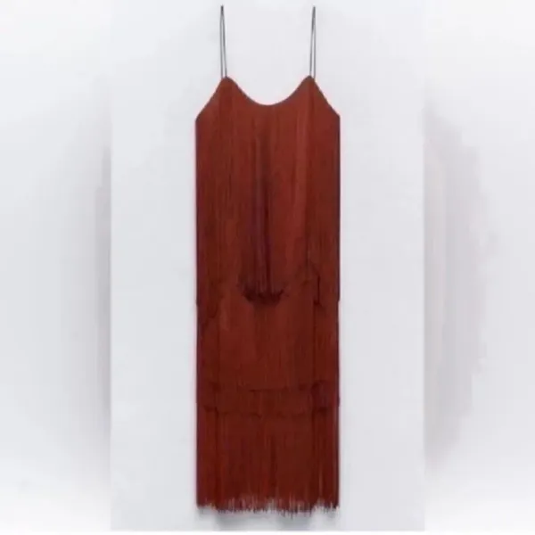 Zara Brown/Plum Sleeveless Fringe Midi Dress (Size Small) - Image 4