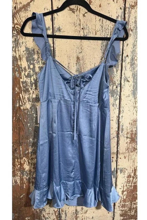 NWT ASTR The Label SKY BLUE Satin MARLA Flutter Sleeve BUST TIE Mini DRESS L - Image 5