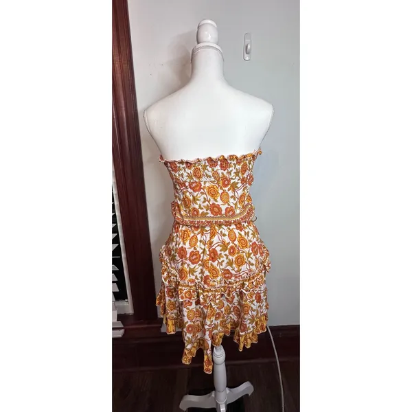 Indikah Floral Strapless Mini Dress Orange Yellow Boho S (tie missing) - Image 3