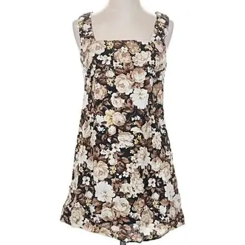 Abercrombie & Fitch Women Dress MT Brown Floral Linen Blend Square Neck Mini - Image 2