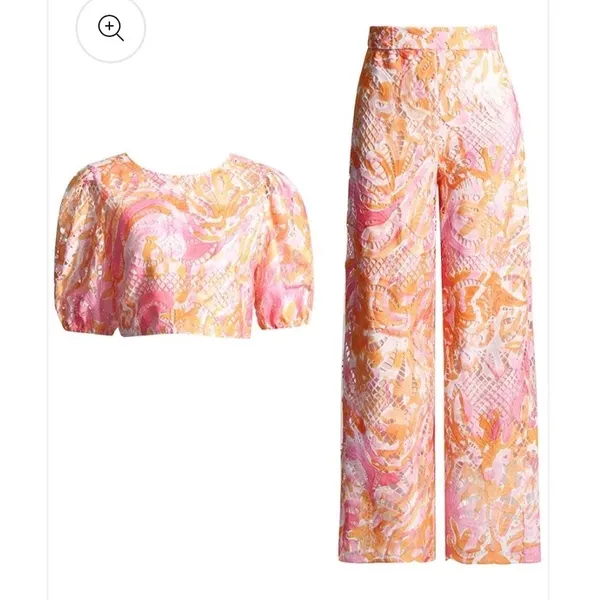 Pink Orange Tropical Floral Lace Two Piece Set Crop Top Wide Leg Pants XS - Image 2