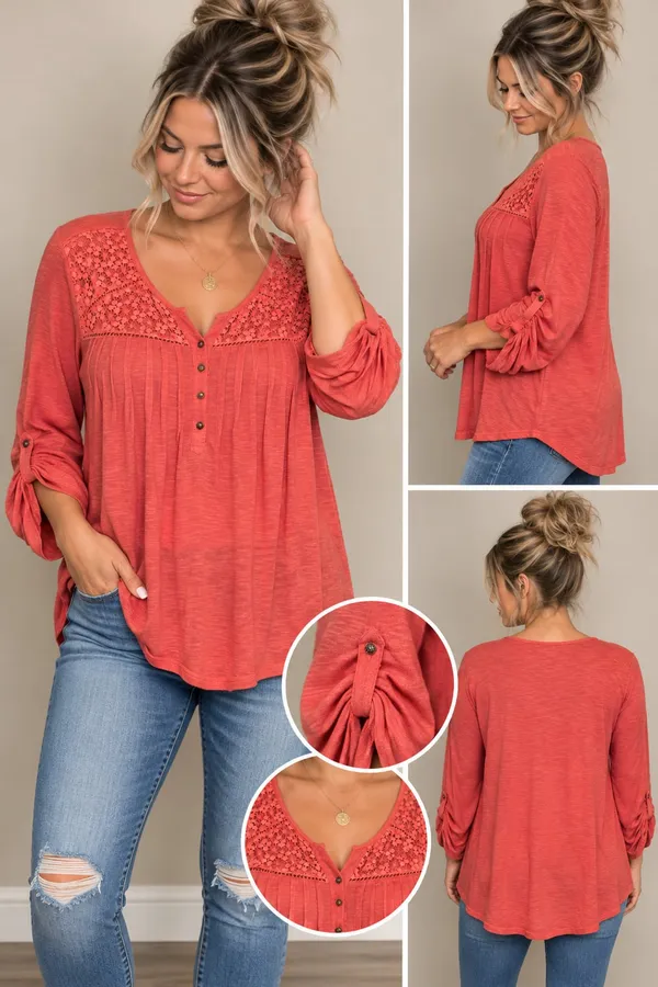 Gloria Vanderbilt Zuri Roll Up Sleeve Blouse Size L Coral Pink Crochet - Image 2