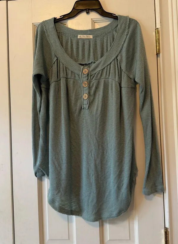 Free People Must Have Thermal Ribbed Relaxed Henley Top in Bright Aqua Size Med - Image 2