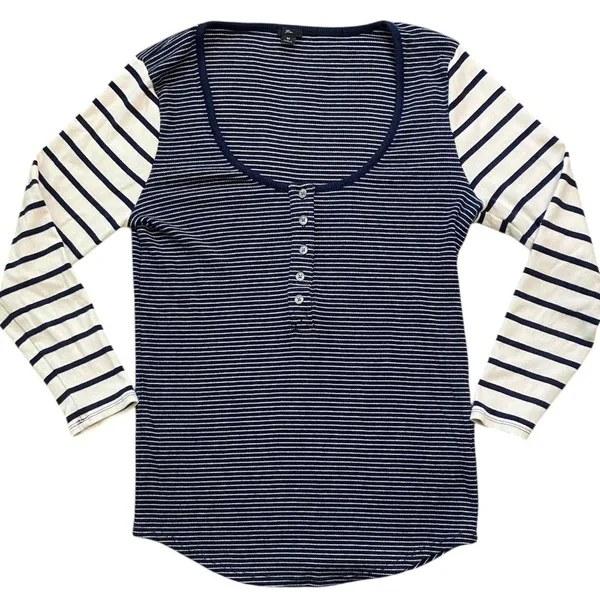 J. Crew Navy and White Striped Scoop Neck Ribbed Long Sleeve Henley - Image 7