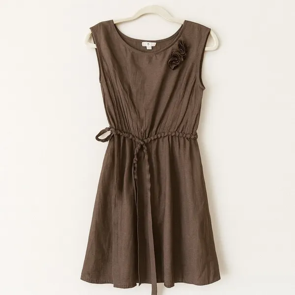 YA Los Angeles Bronze Brown Rosette Shoulder Mini Dress Medium Elastic Waist Tie - Image 15