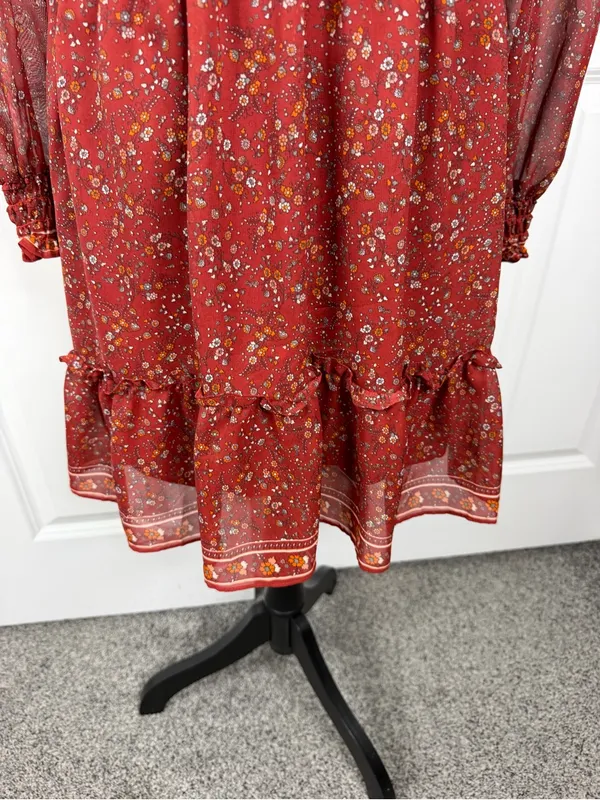 Max Studio Floral Smocked Waist Mini Dress Size S Rust Red Boho Fall - Image 5