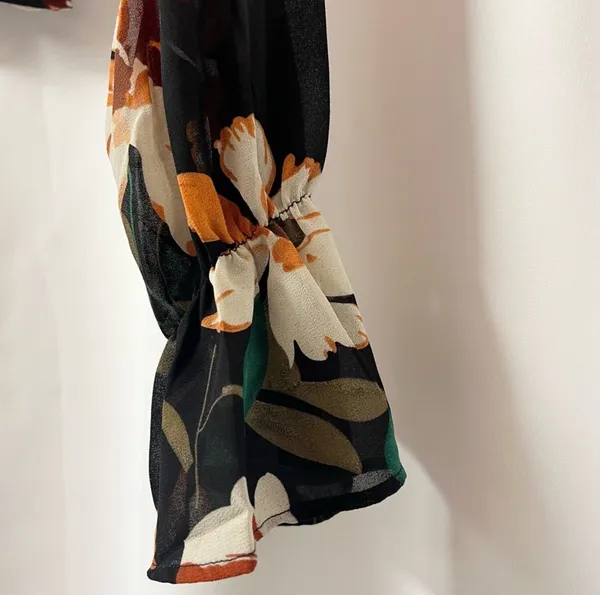 Black Square Neck Cottagecore Floral Chiffon Blouse With Ruffle Sleeves Top - Image 3