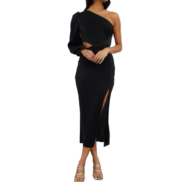 Hello Molly Black One Shoulder Cut Out Midi Dress Wedding Party Slit Bodycon - Image 2