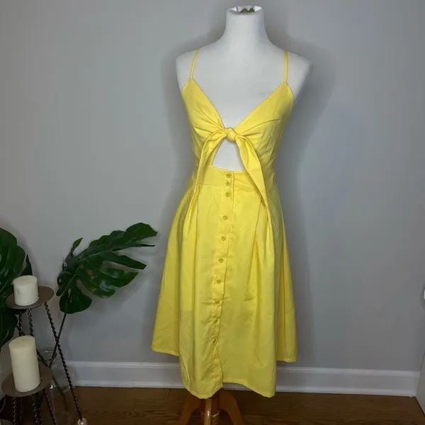 ECOWISH Summer Yellow Front Tie Button Midi-Dress - Image 4