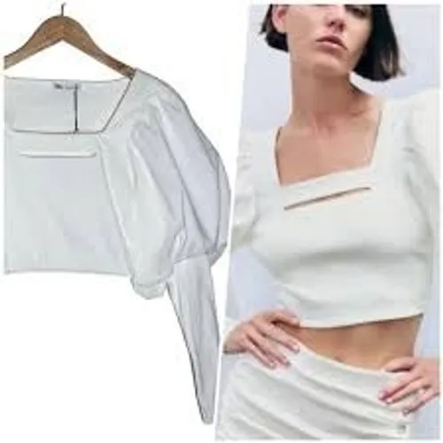 Zara Cropped Top Women S White Puff Sleeve Cutout‎ Ribbed Knit Statement Blouse - Image 2