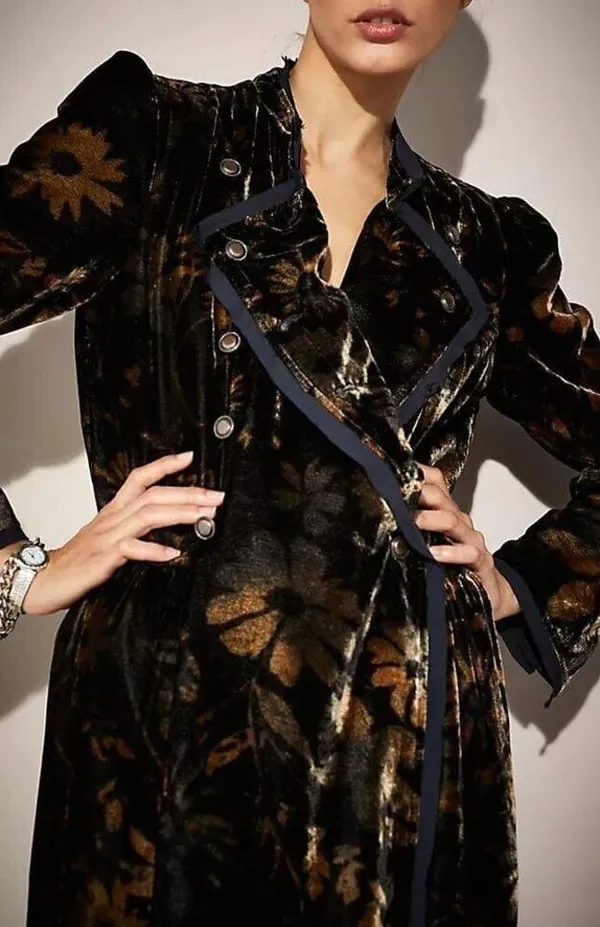 Free People Hazel Duster Velvet Coat Floral Print Black Gold Brown Lined XL H - Image 9