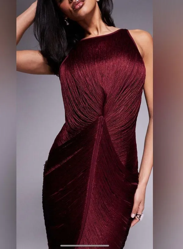 NWT ASOS Design Racer Neck Draped Fringe Maxi Dress in Oxblood Size 12 - Image 2