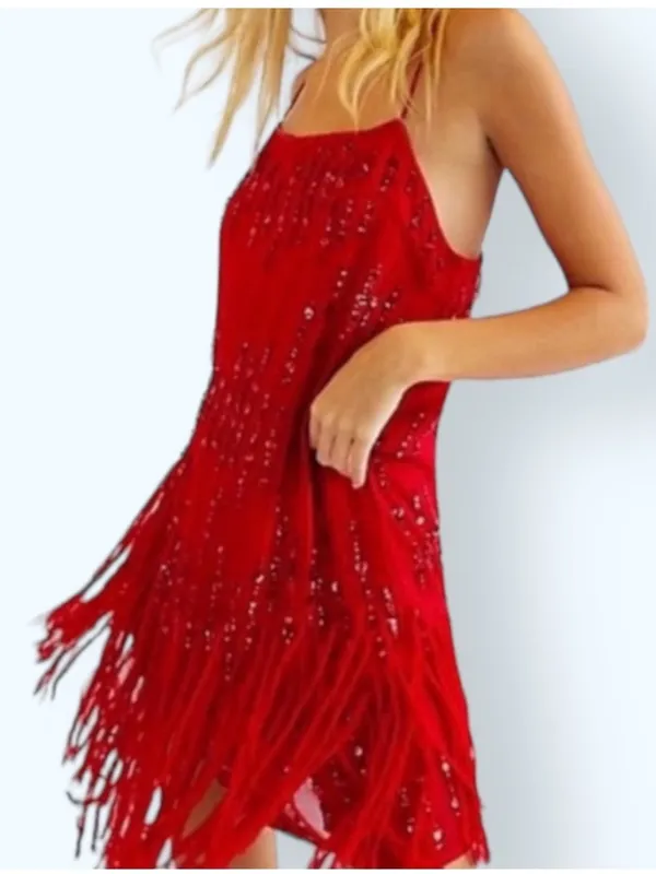 Free People Red Crystal Clear Fringe Retro Flapper Round Neck Thin Strap Dress S - Image 3