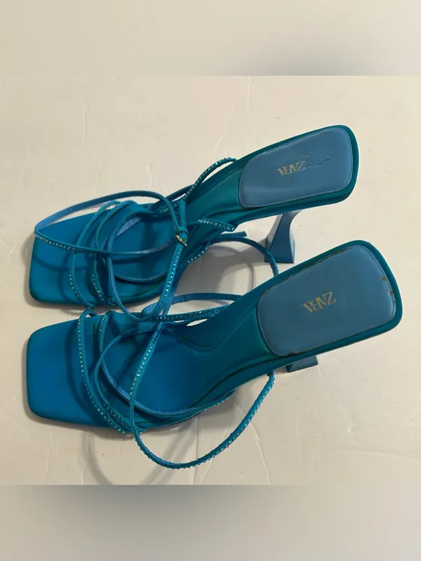 Zara Turquoise Strappy Square-Toe Heeled Sandals - Image 4