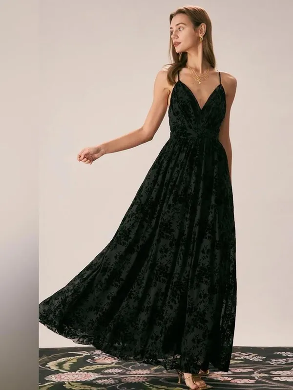 RIHOAS The Black Floral Flocked Mesh Slit Maxi Dress XS 37 - Image 4