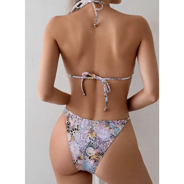 Women's 2 Piece Leopard Floral Bikini Sets Ring Triangle Halter XS - Image 3
