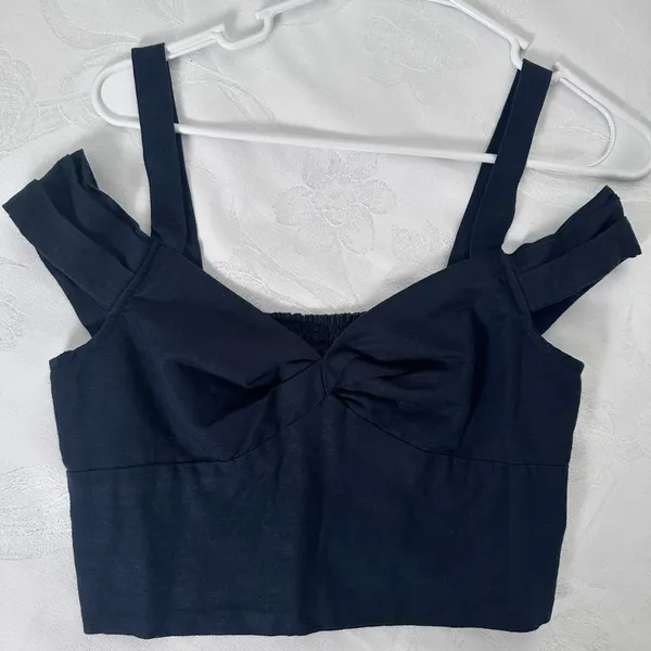 Anthropologie Maeve Size-XS Black‎ Linen Off The Shoulder Twist Crop Top - Image 10