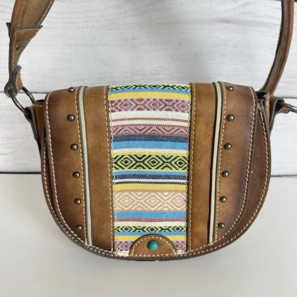 Tony Lama Woven Accent Colorful SaddleBag Leather Southwestern Crossbody‎ Purse - Image 3
