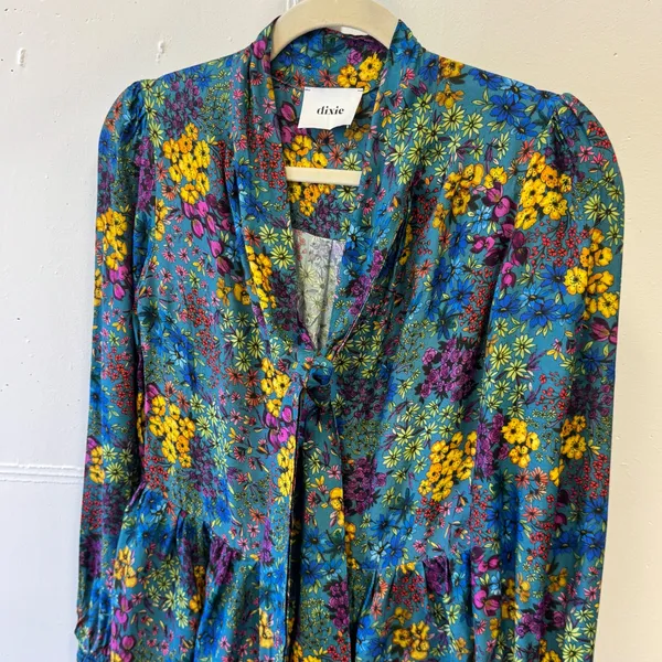Dixie Teal Floral Tie Neck Tiered Ruffle Mini Dress Long Sleeve‎ Smocked Cuffs - Image 4