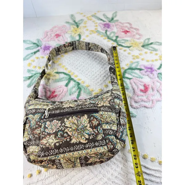Quilted vtg‎ Floral Paisley Cotton Shoulder Bag Brown Hobo Purse Zippered Pocket - Image 8