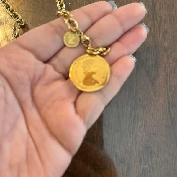 Gold tone coin pendant necklace with a round charm and chain - Image 3