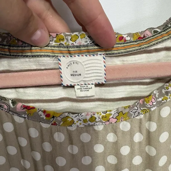 Postmark Anthropologie Mixed Print T-shirt Size M Beige Ivory Polka Dot Stripe - Image 4