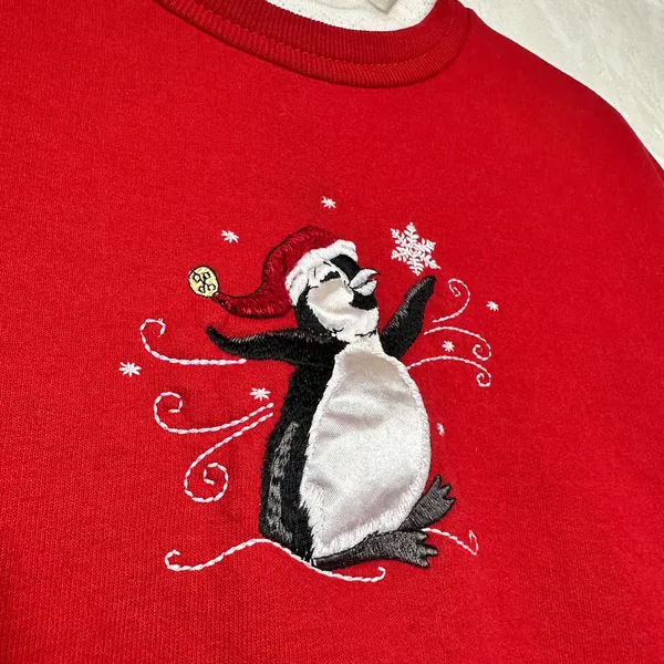 VTG Top Stitch Morning Sun Large Red‎ Collared Sweater Holiday Christmas Penguin - Image 2