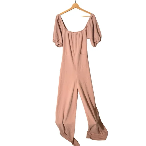 PrettyLittleThing Mauve Jumpsuit Size US 12 Puff Sleeve Ruched Bust Wide Leg NEW - Image 2