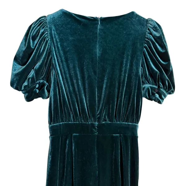 Yumi Kim Tamra Green Velvet Puff Sleeve Faux Wrap Midi Cocktail Dress Size Small - Image 11