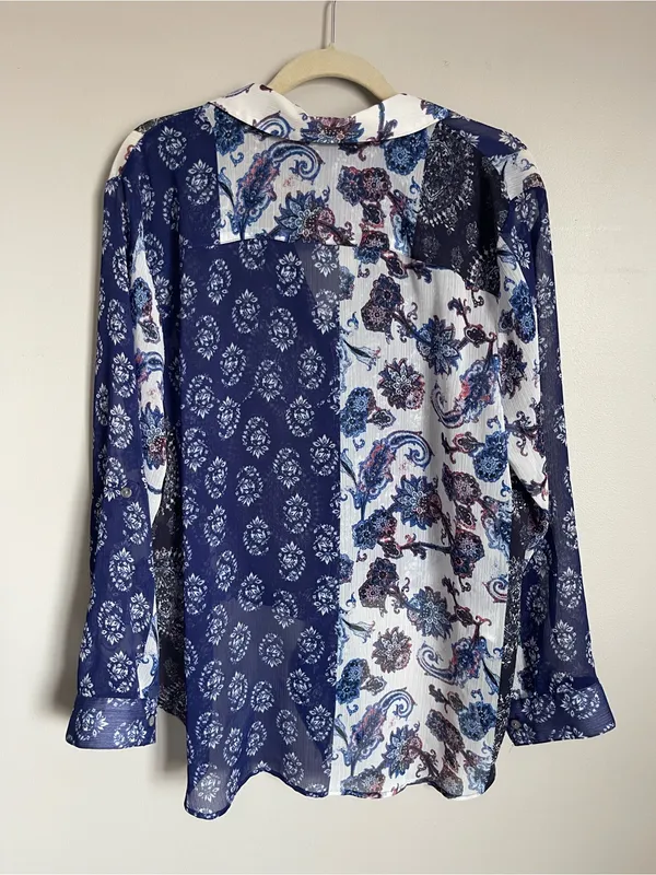 CHICO'S | Mixed Print Patchwork Semi-Sheer Button-Down Tie Front Blouse Sz XL - Image 6