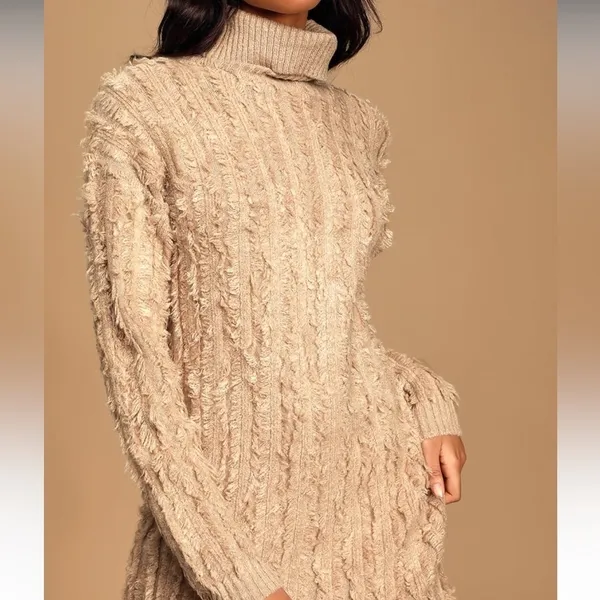 Lulus Snuggle Up To You Beige Turtleneck Knit Sweater Dress - Image 3