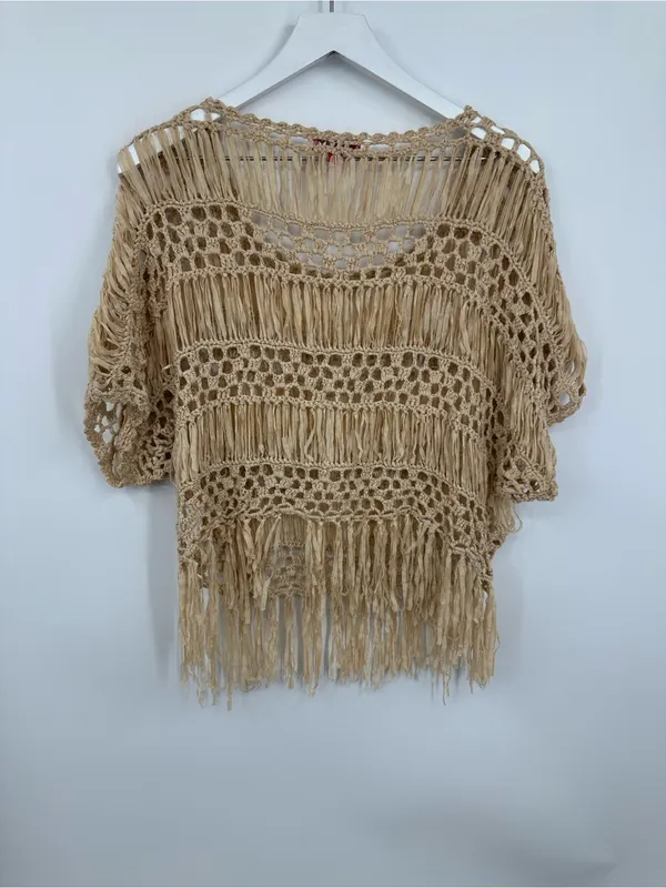 Dislay Paris Tan Open Knit Boho Short Sleeve Blouse Size Small Whimsical Fairy - Image 8