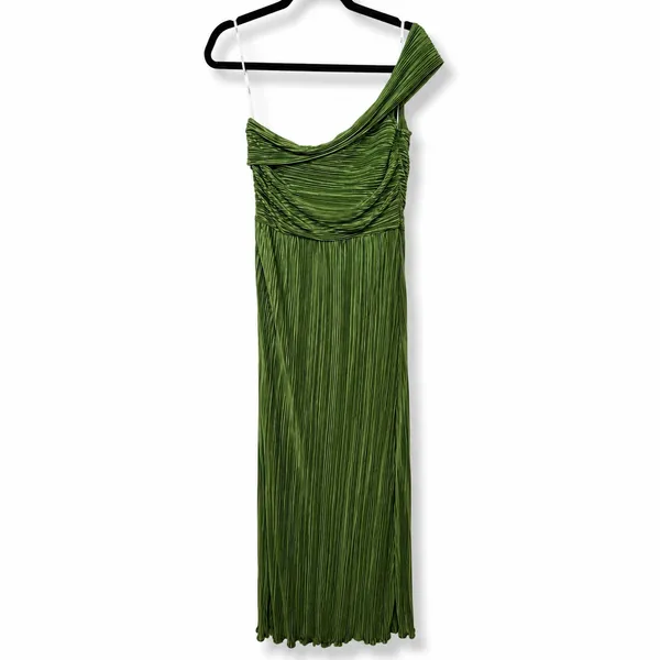 NEW Lulus Poised Performance Olive Green Plisse One-Shoulder Maxi Dress Large - Image 7