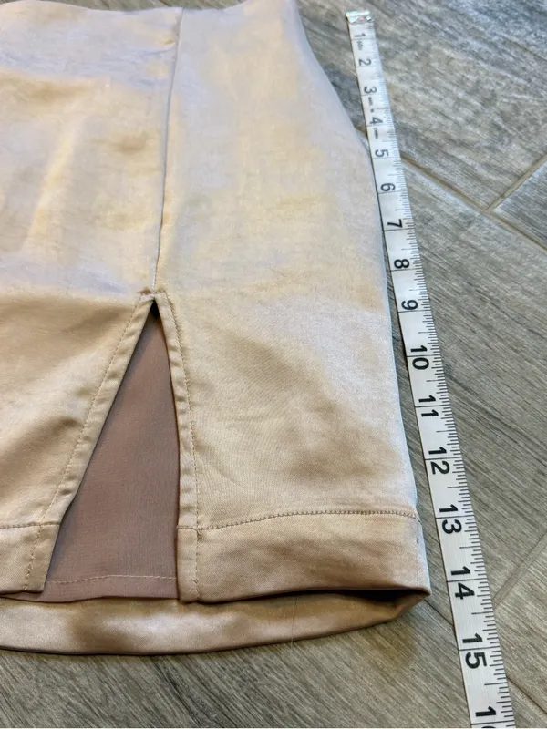 Altar'd State Shiny Tan Satin Silk Mini Skirt Lined With Slit Women’s Sz Small - Image 3