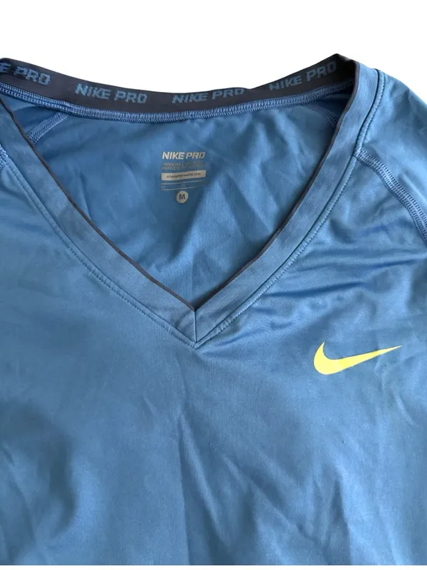 Nike Women’s Blue V-Neck Dri-FIT Tee with Neon Yellow Swoosh - Image 3
